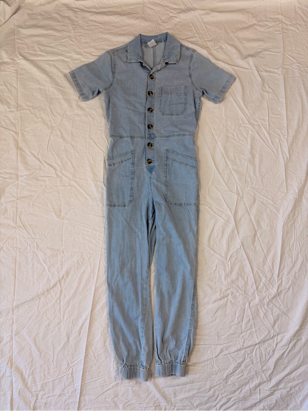 No Boundaries Light Blue Denim Short-Sleeve Jumpsuit